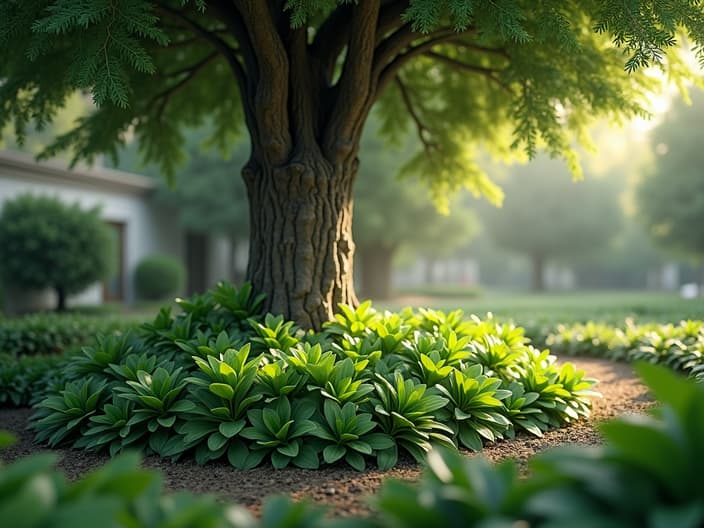 Shade-loving plants growing under a large tree, garden setting, studio lighting