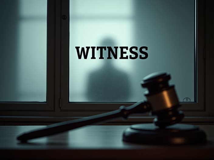 Silhouette behind frosted glass with 'WITNESS' text, courtroom gavel in foreground