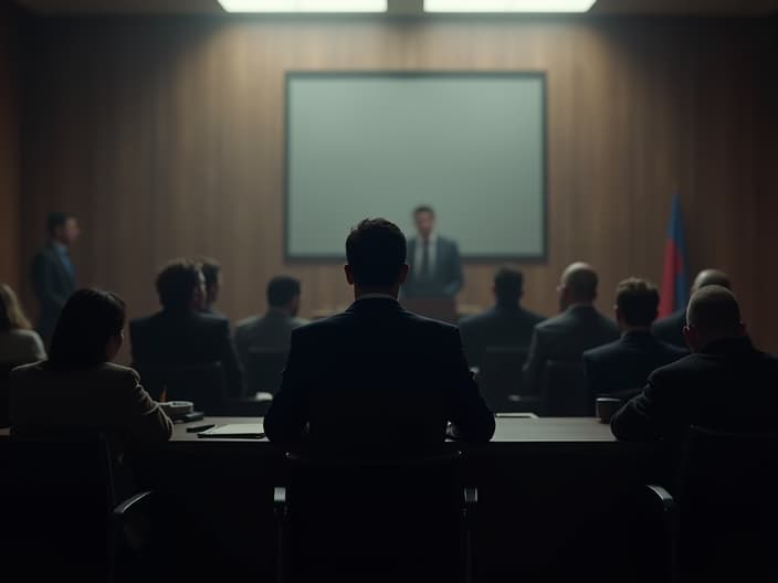 Silhouette giving testimony behind screen, courtroom audience in background