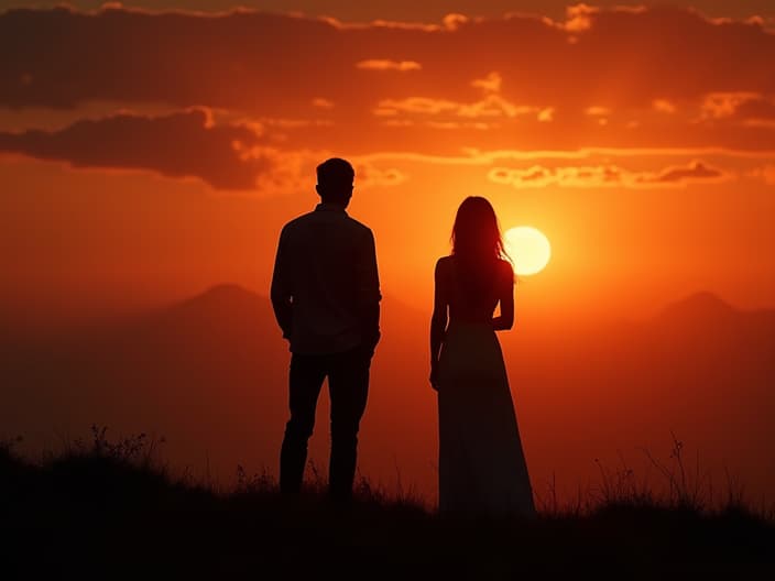 Silhouette of a couple watching a sunset, studio recreation with dramatic lighting