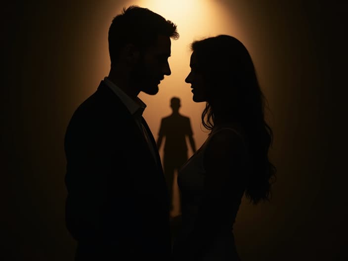 Silhouette of a couple with a shadowy figure between them, dramatic lighting, studio photography