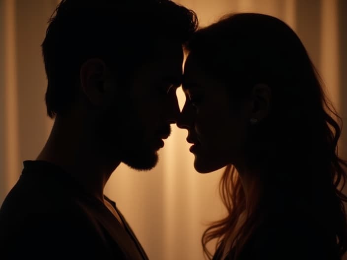 Silhouette of a woman whispering into a man's ear, intimate lighting