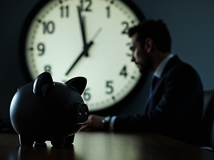 Silhouette of a worried employee looking at an empty piggy bank, office clock ticking in the background