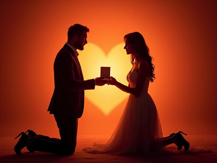 Silhouette of person on one knee presenting a ring box, romantic studio backdrop