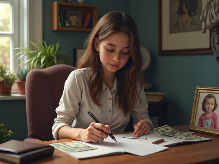 Single parent at desk with bills and empty wallet, child's photo nearby