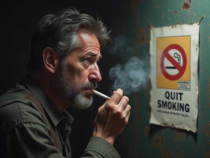 Smoker looking at a cigarette, with a worried expression and a quit-smoking poster nearby