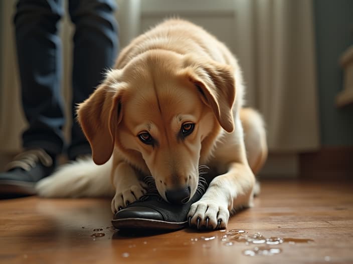 Split image: dog chewing on a shoe and a puddle on the floor, with a concerned owner