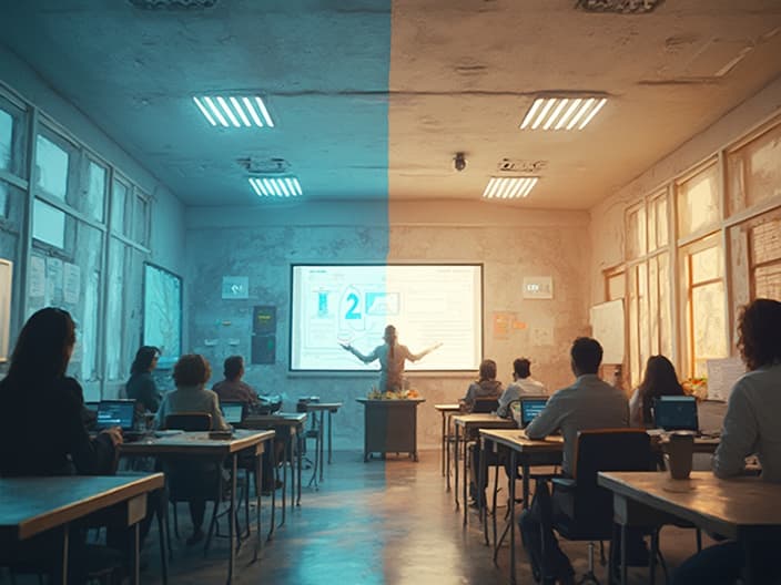 Split image showing online learning on one side and traditional classroom on the other