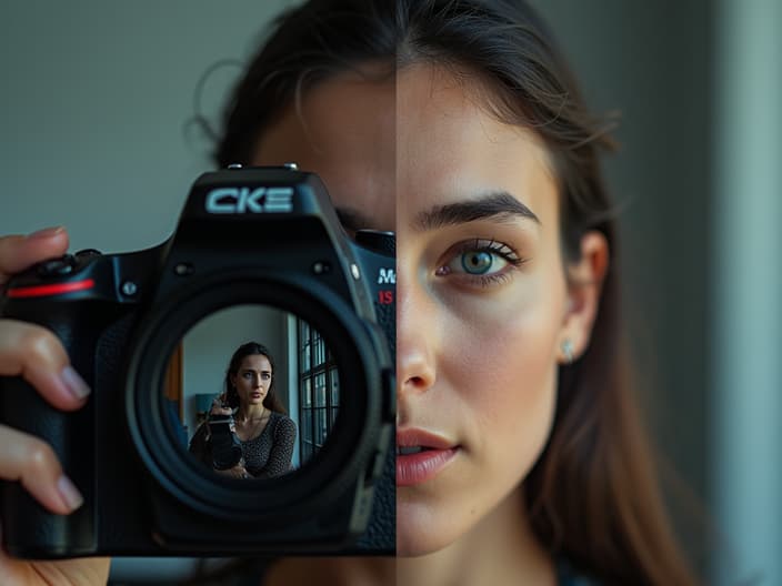 Split screen: photographer's camera on one side, unauthorized use of photos on social media on other side