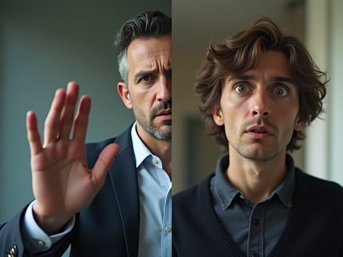 Split screen image: one side showing a landlord with raised hand, other side tenant looking shocked at rent notice