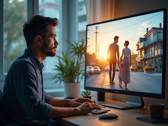 Split screen image: one side showing a person working at a desk, the other side showing family time at home