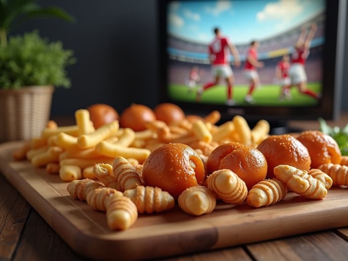 Sports-themed snacks and finger foods, TV visible in background