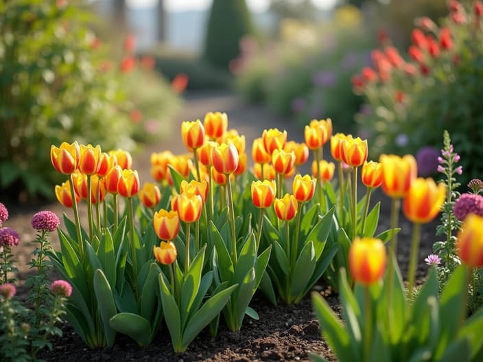 Spring garden planting guide, early bloomers and vegetables, outdoor setting with studio lighting