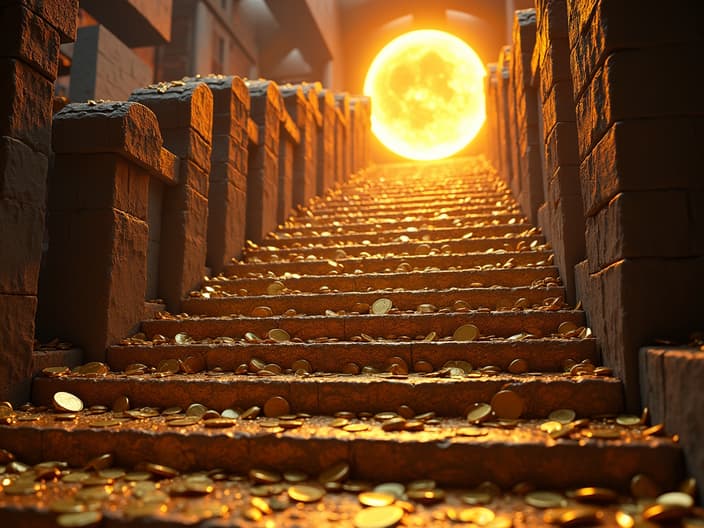 Staircase made of gold coins leading to a glowing planet, dramatic studio lighting