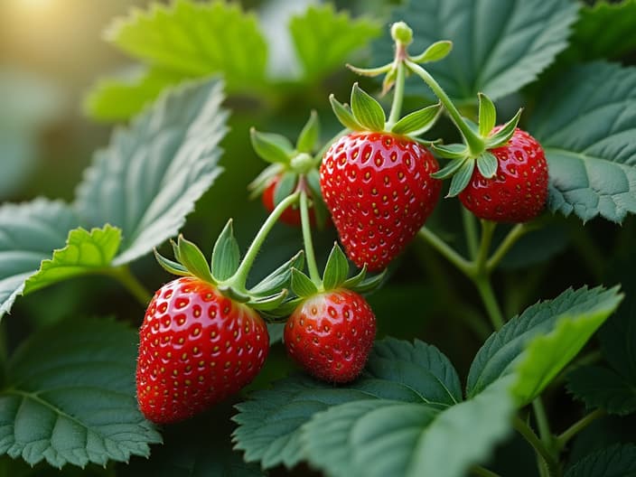 Strawberry plants with leaf spot disease, prevention and treatment methods, outdoor setting with studio lighting