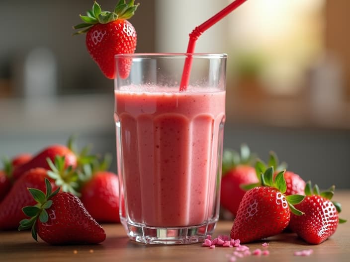 Strawberry smoothie being blended, fresh ingredients