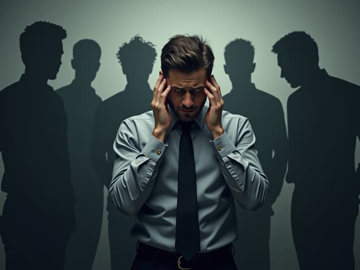 Stressed employee surrounded by menacing shadow figures, helpline number in focus