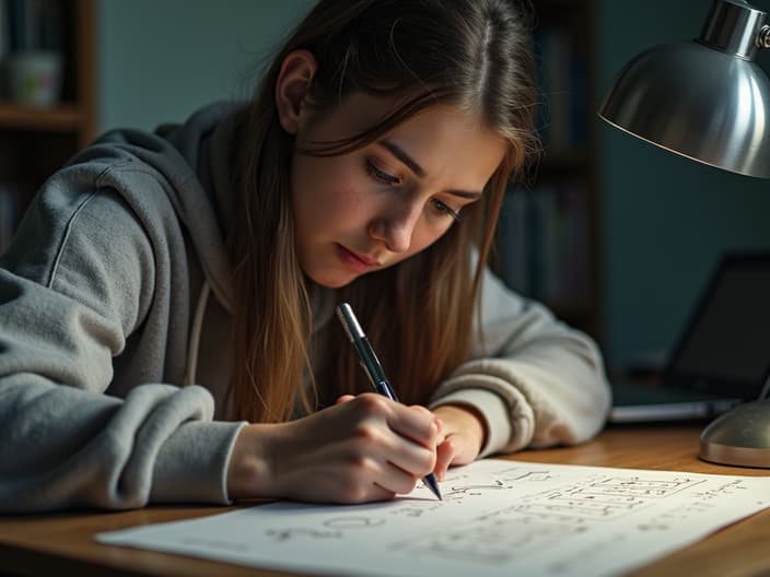 Student intensely focused on solving a complex mathematical equation on paper