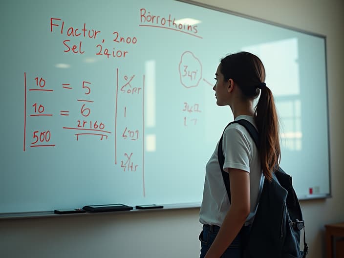 Student pondering over a complex math problem written on a whiteboard