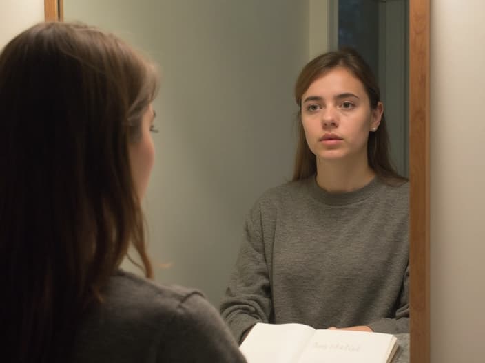 Student practicing for an oral exam in front of a mirror