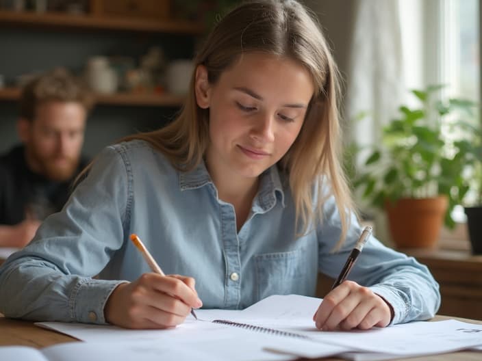 Student reviewing language skills with practice tests and study materials