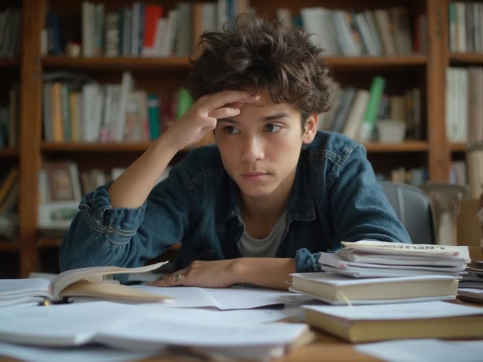 Student surrounded by books and study materials, looking focused