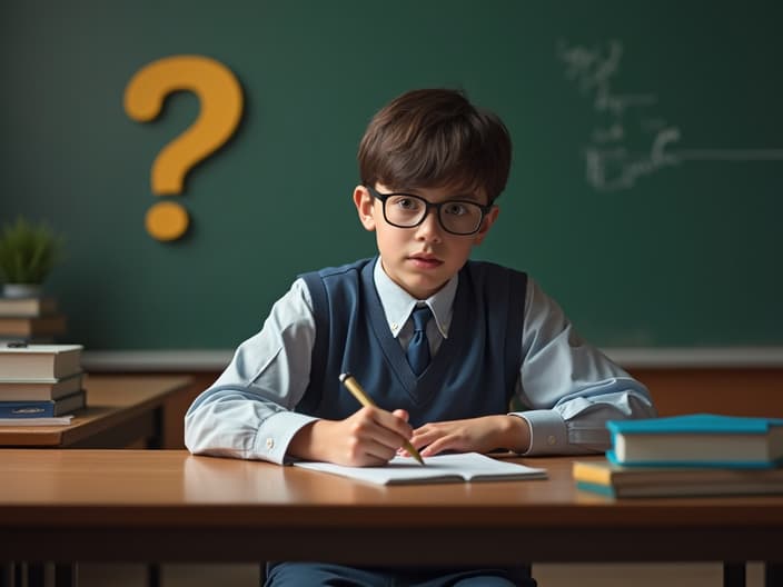 Student taking an exam with a question mark, studio setup