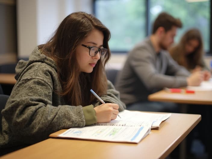 Student taking organized notes during a lecture, using different colors and symbols