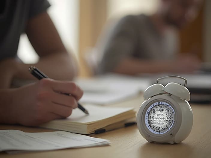 Student using a Pomodoro timer and flashcards for effective learning