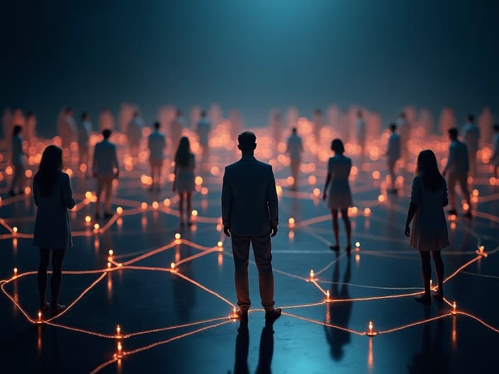 Studio image of people connected by glowing lines, symbolizing technological social connections