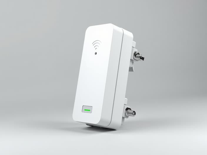 Studio photo of a Wi-Fi extender with signal booster and coverage range