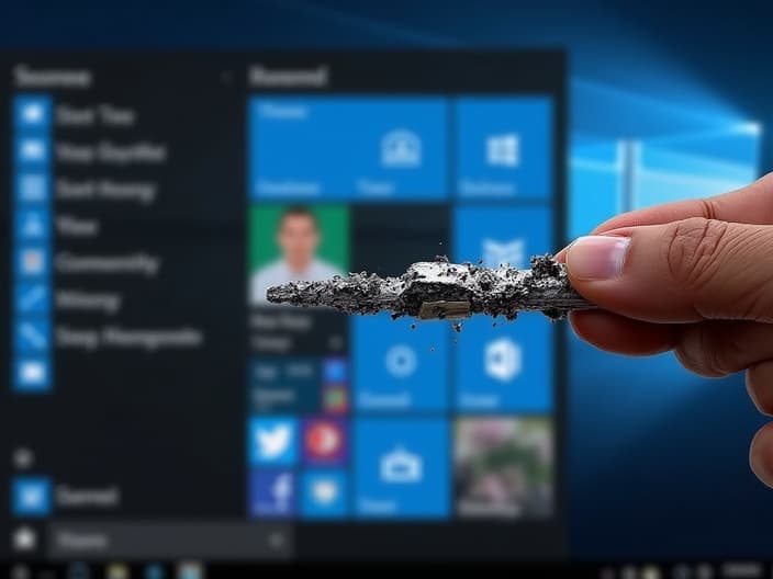 Studio photo of a Windows 10 taskbar with a broken Start menu and repair tools