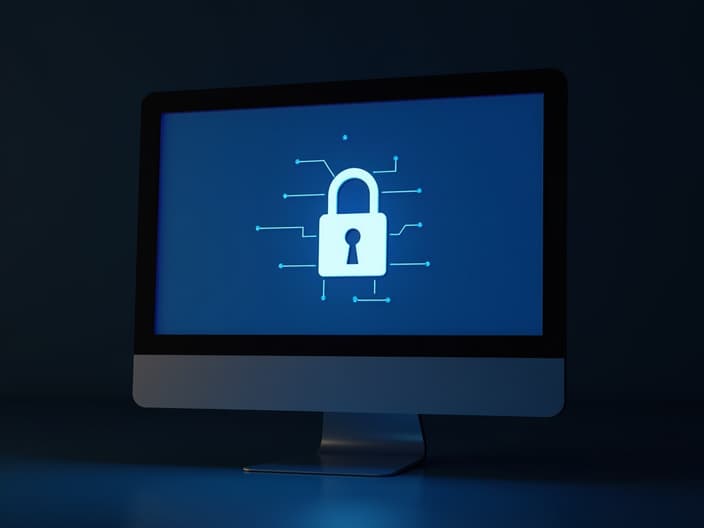 Studio photo of a computer screen with a padlock icon and secure connection symbol