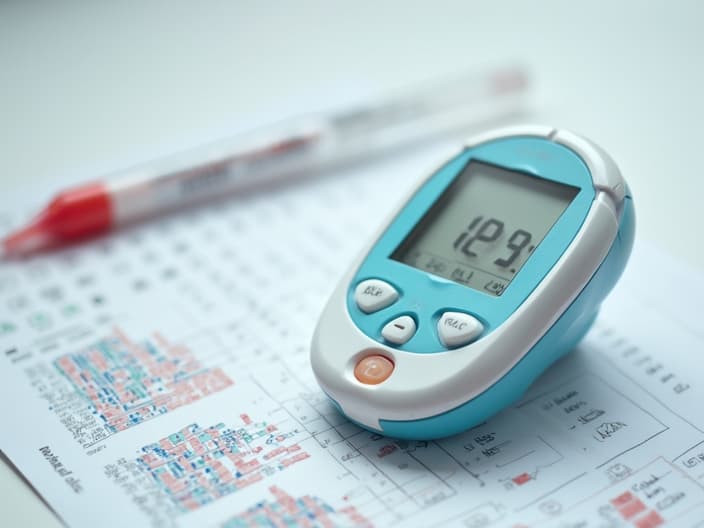 Studio photo of a glucometer with a blood sugar chart nearby