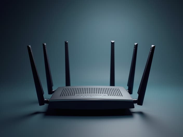 Studio photo of a home router with multiple antennas and coverage range