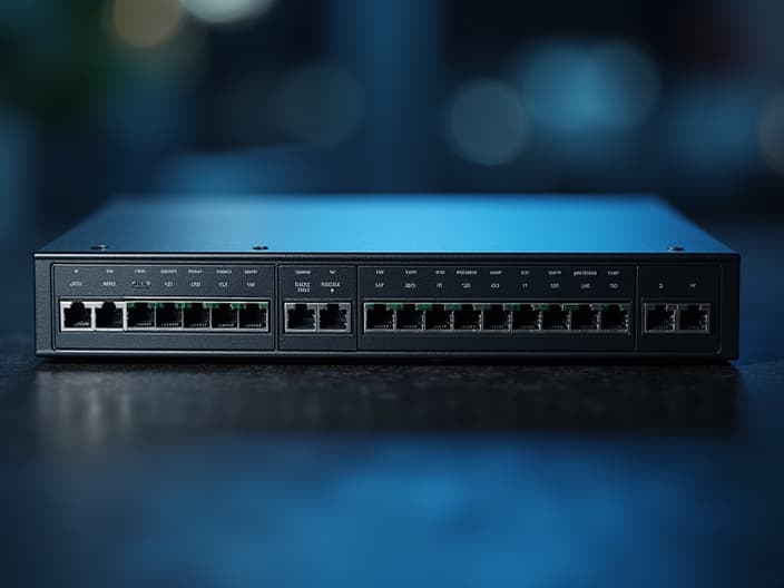 Studio photo of a network switch with multiple ports and connection diagram