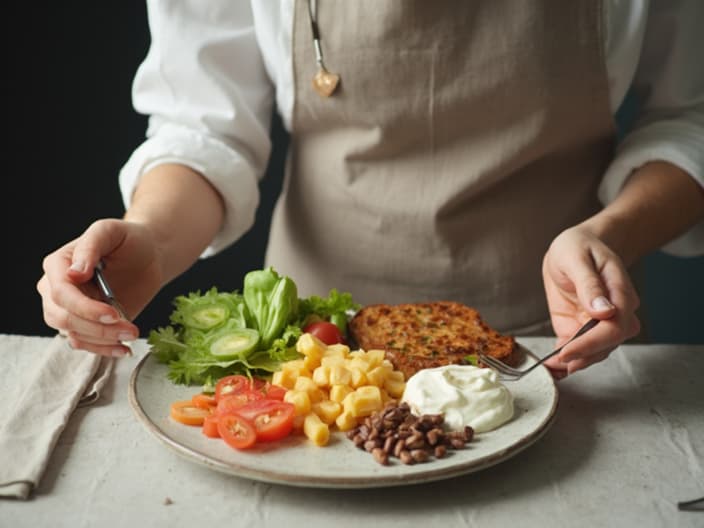 Studio photo of a nutritionist arranging a balanced meal on a plate