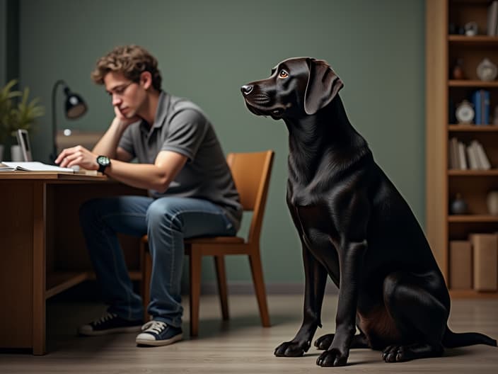 Studio photo of a person checking watch while a Labrador sits patiently nearby, organized setting