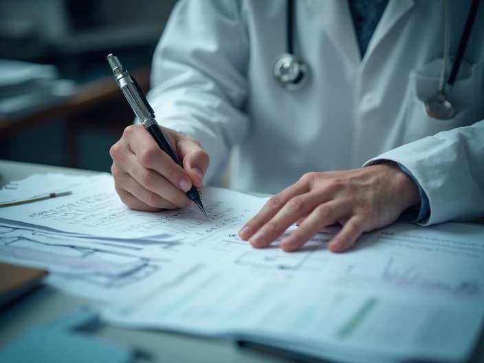 Studio photo of a person organizing medical documents and writing notes