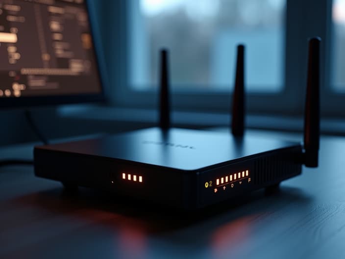 Studio photo of a router with visible speed-boosting settings on a nearby screen