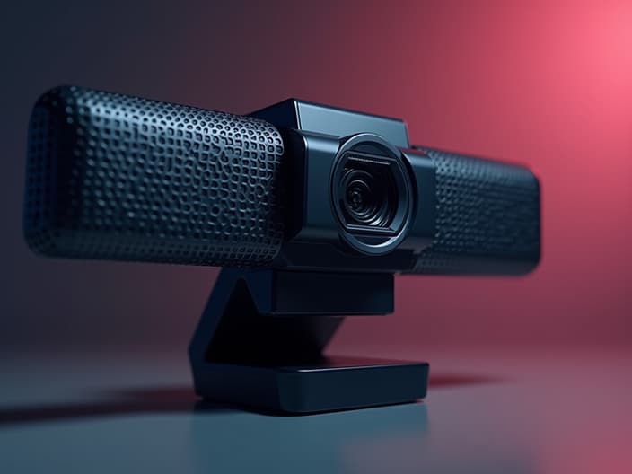 Studio photo of a webcam with high-resolution video and audio capabilities