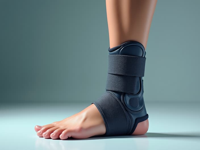 Studio photo of an ankle brace and exercise equipment for rehabilitation