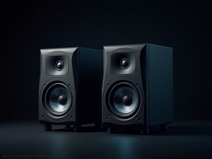 Studio photo of computer speakers with visible sound waves, dramatic side lighting