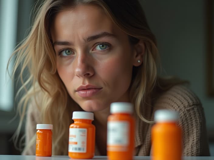 Studio photo of various vitamin supplements and a tired-looking person