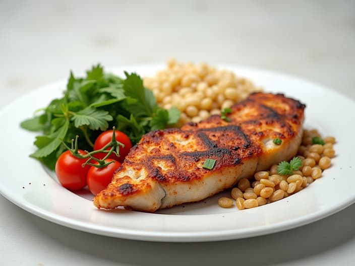 Studio photography of a balanced, portion-controlled meal with lean protein, vegetables, and whole grains on a white plate