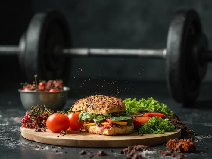 Studio photography of a balanced meal next to weightlifting equipment