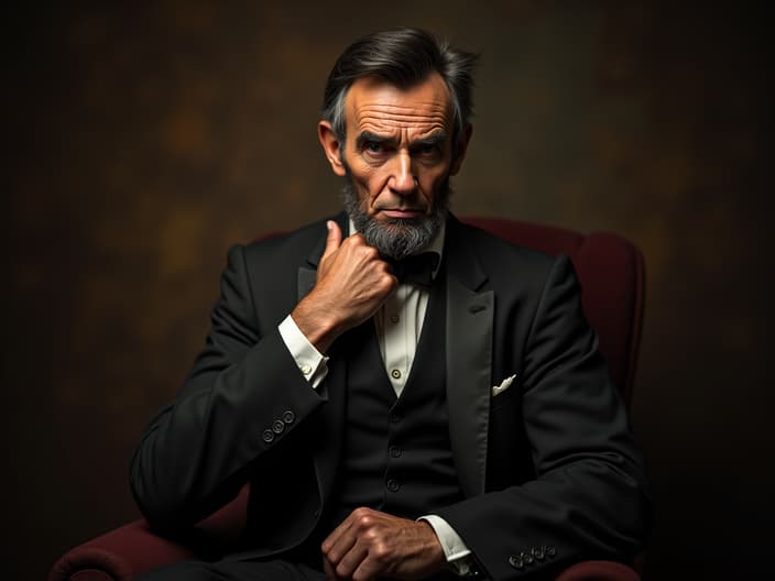 Studio portrait of Abraham Lincoln, presidential pose, thoughtful expression, vintage style, professional lighting