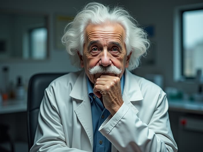 Studio portrait of Albert Einstein, contemplative pose, white coat, laboratory backdrop, soft lighting