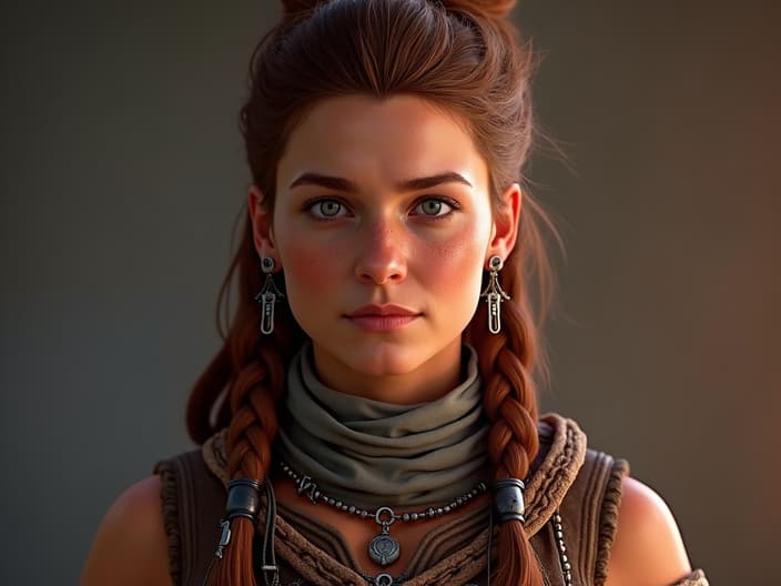 Studio portrait of Aloy, Nora's outfit, Horizon Zero Dawn backdrop, cinematic lighting