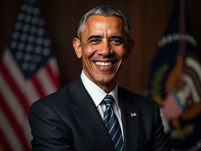 Studio portrait of Barack Obama, presidential pose, formal attire, American flag backdrop, soft lighting